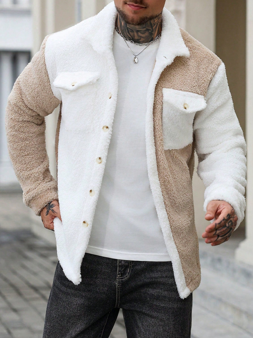 Men's Solid Color Contrast Trim Button Front Pocket Furry Long Sleeve Casual Jacket