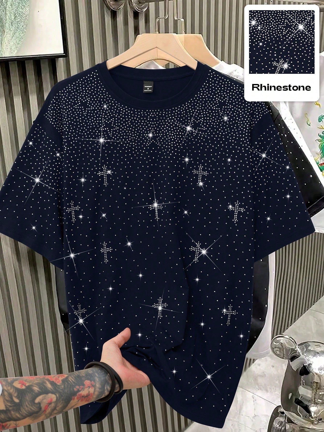 1pc Men's Casual Loose Fit Short Sleeve T-Shirt, Rhinestone Decor