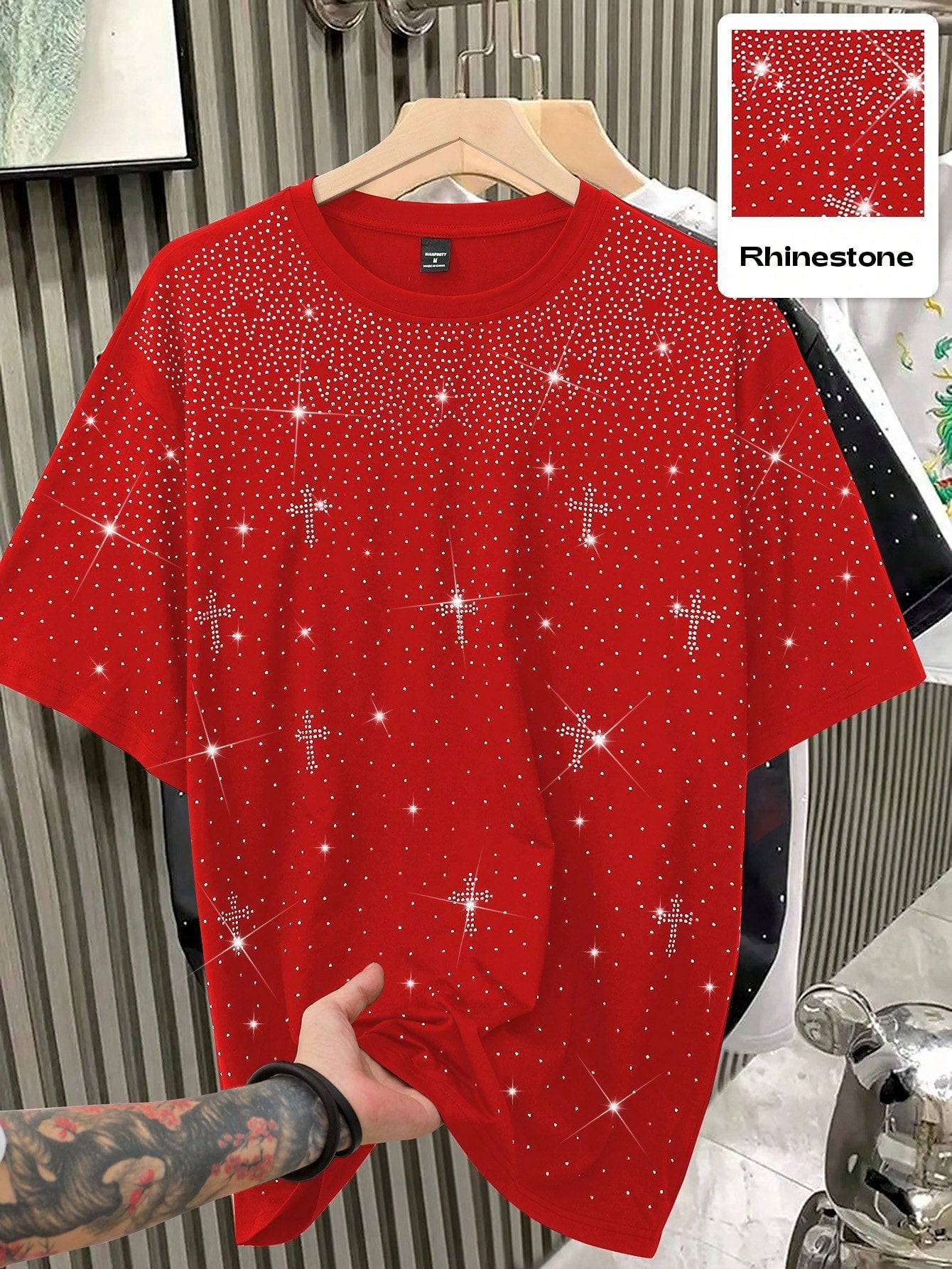 1pc Men's Casual Loose Fit Short Sleeve T-Shirt, Rhinestone Decor