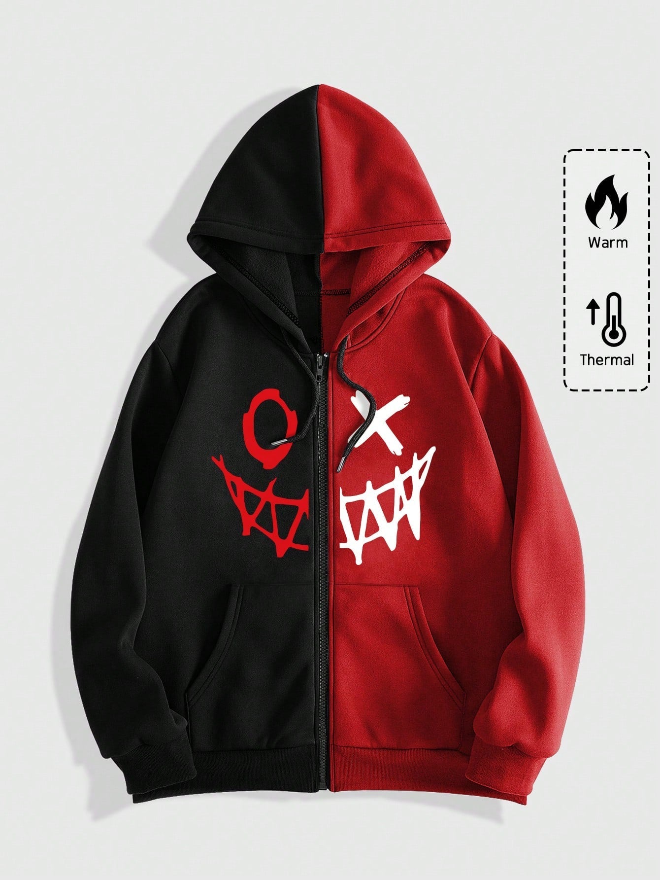 MEN Street Life Men Cartoon Graphic Zip Up Two Tone Drawstring Hoodie