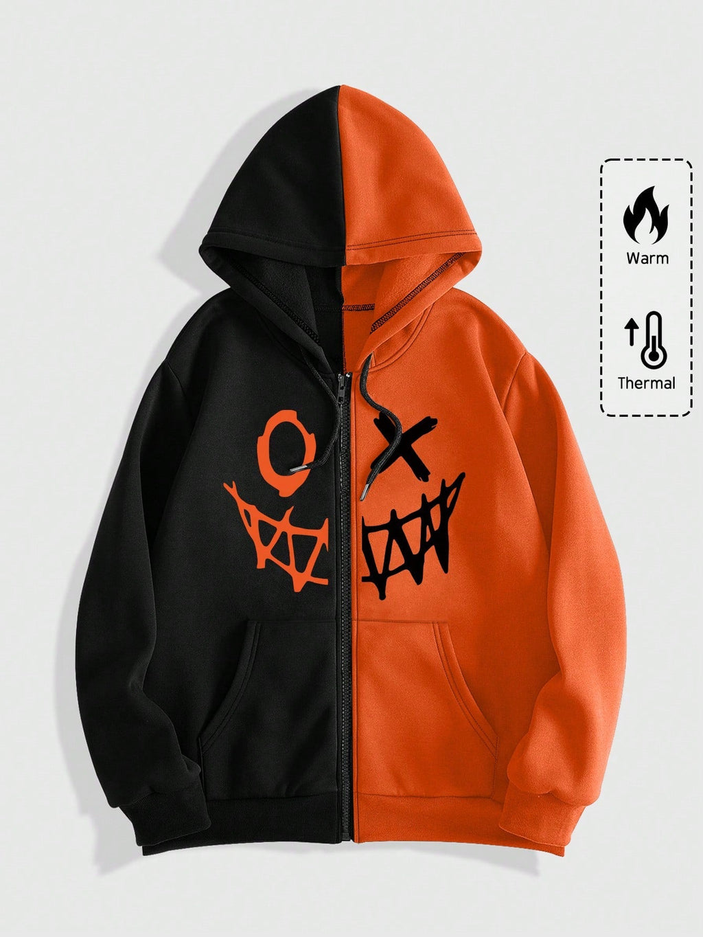 MEN Street Life Men Cartoon Graphic Zip Up Two Tone Drawstring Hoodie