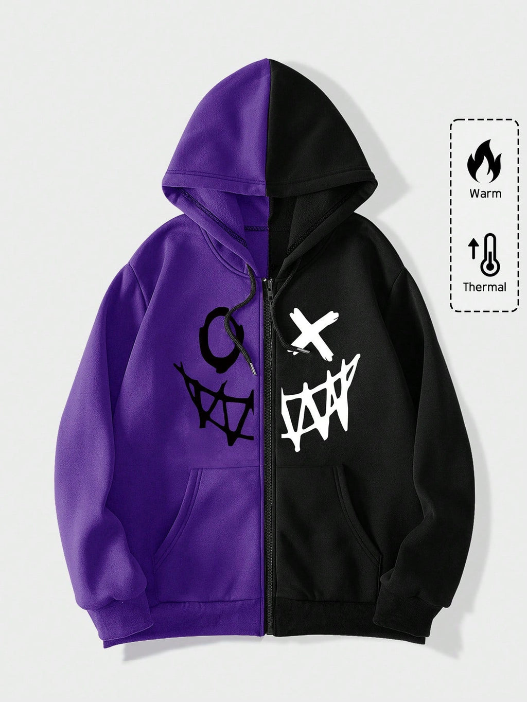 MEN Street Life Men Cartoon Graphic Zip Up Two Tone Drawstring Hoodie