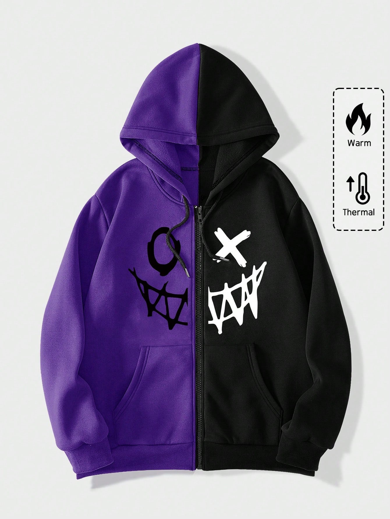 MEN Street Life Men Cartoon Graphic Zip Up Two Tone Drawstring Hoodie