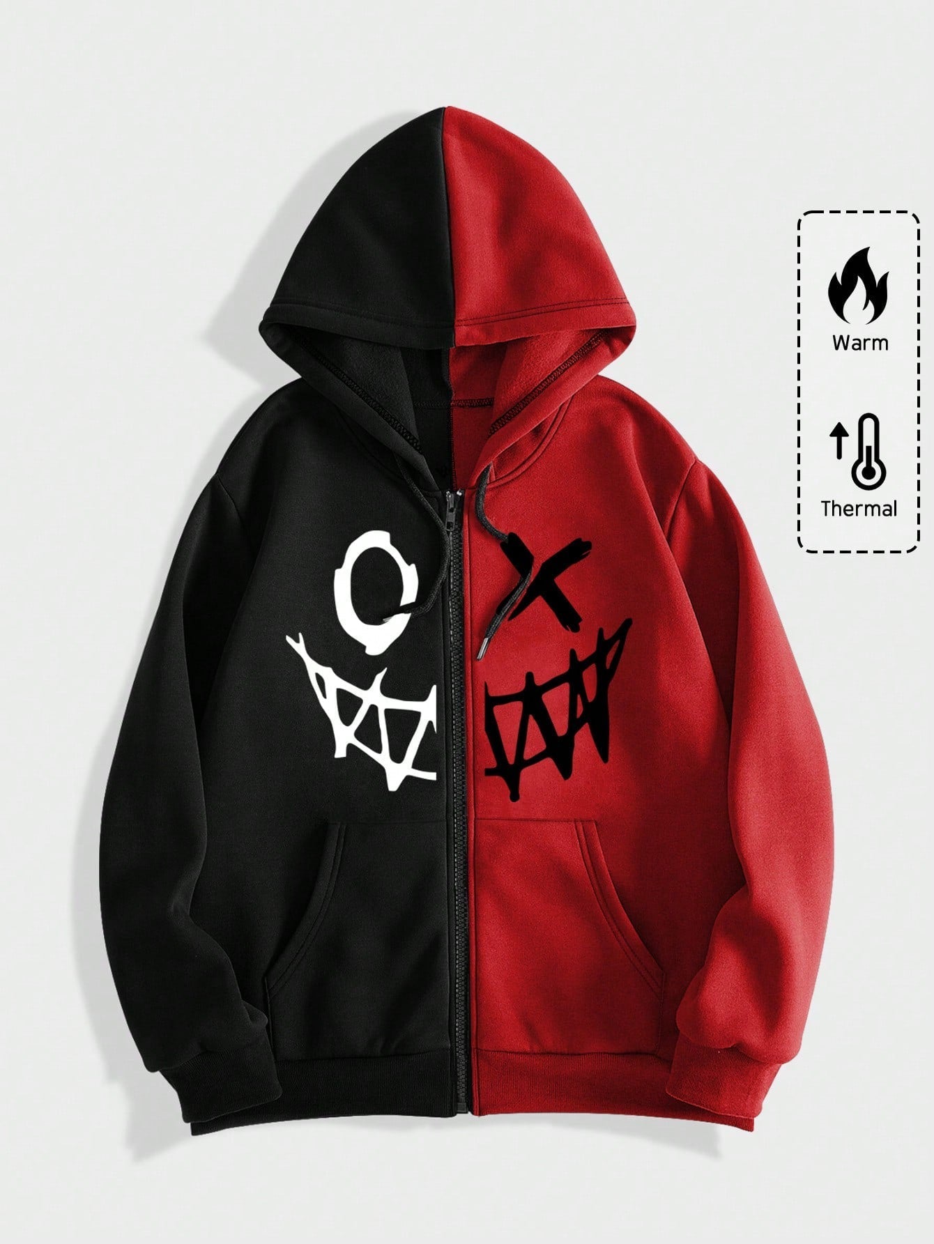 MEN Street Life Men Cartoon Graphic Zip Up Two Tone Drawstring Hoodie
