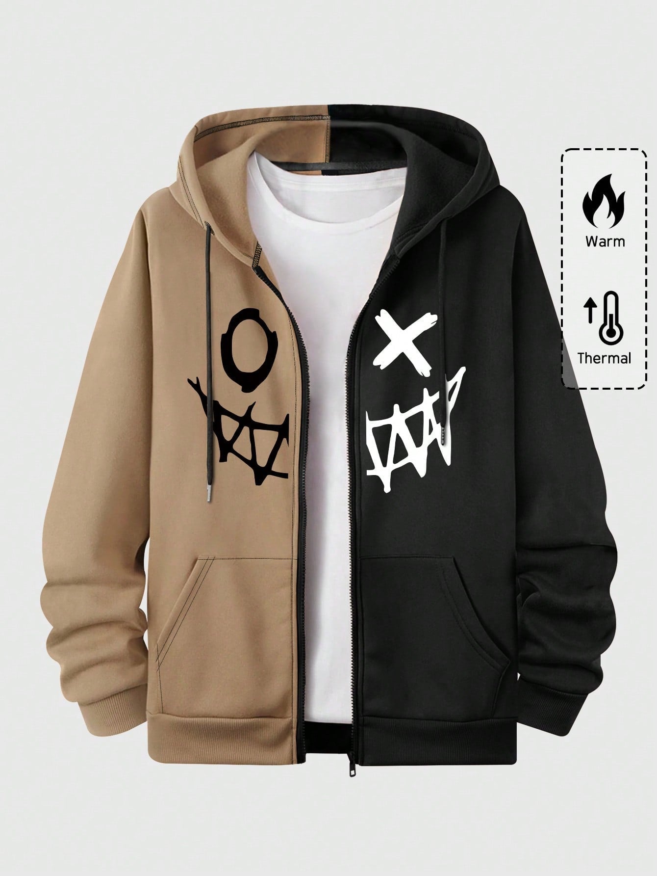 MEN Street Life Men Cartoon Graphic Zip Up Two Tone Drawstring Hoodie