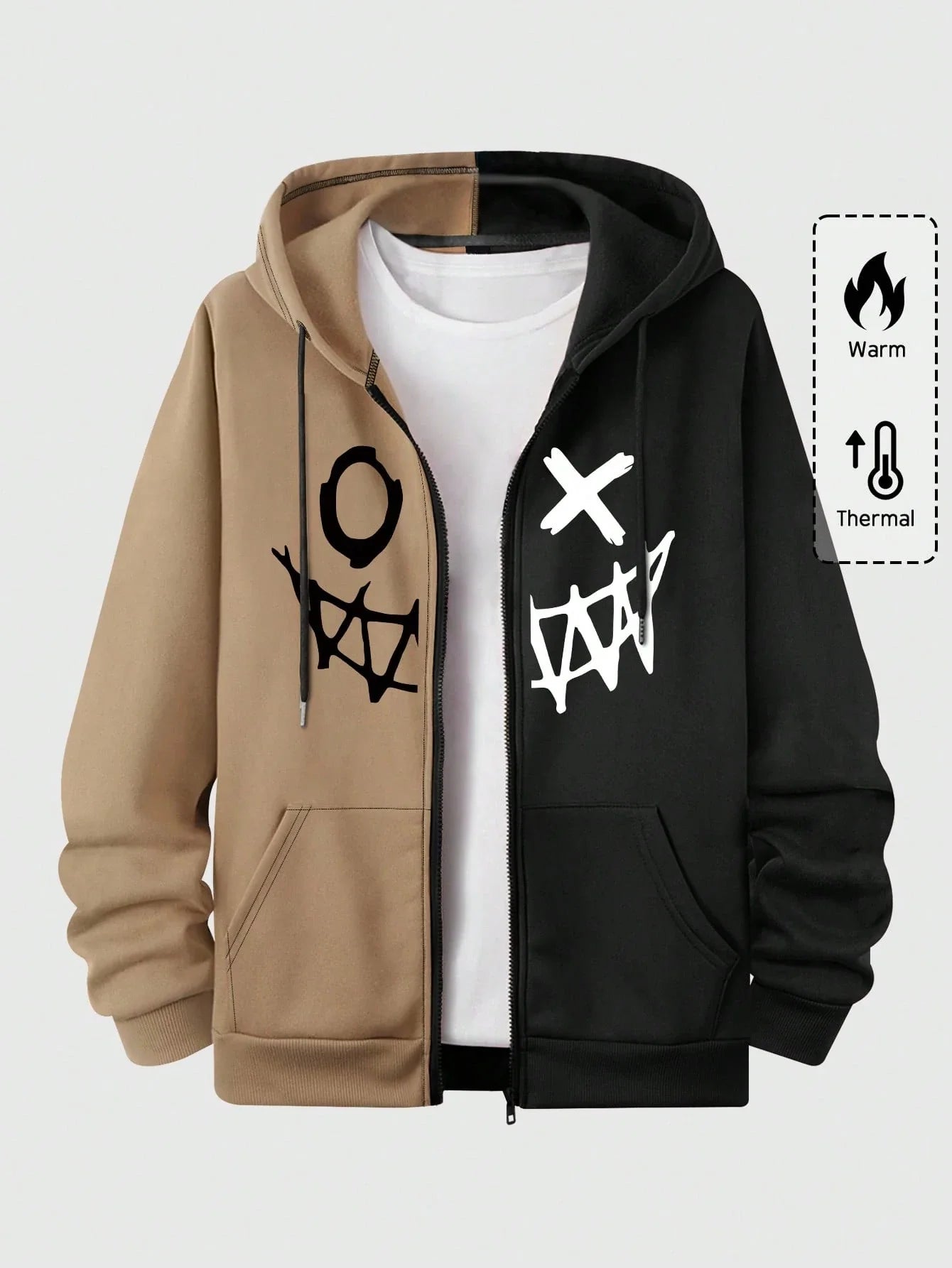 MEN Street Life Men Cartoon Graphic Zip Up Two Tone Drawstring Hoodie