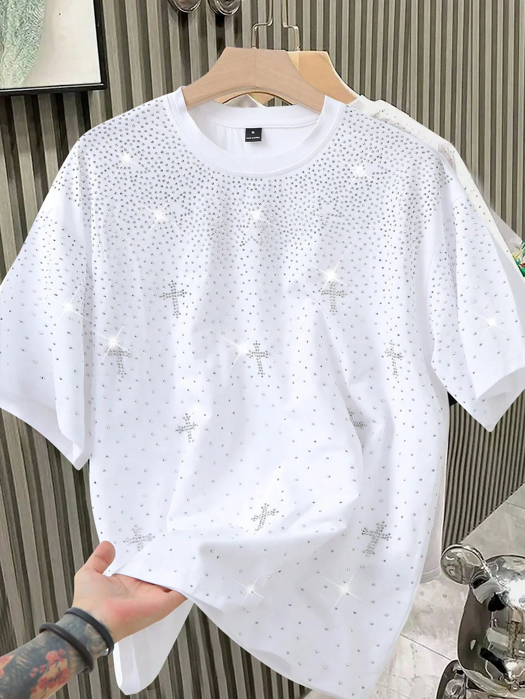1pc Men's Casual Loose Fit Short Sleeve T-Shirt, Rhinestone Decor