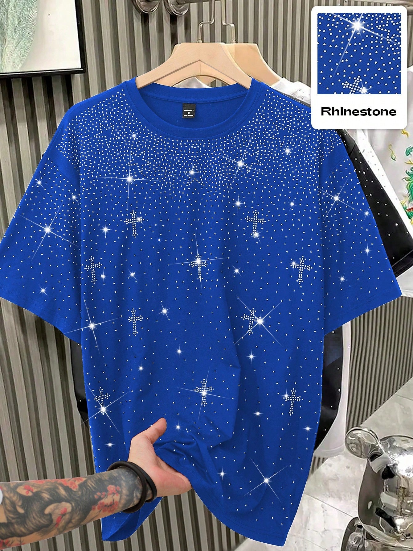 1pc Men's Casual Loose Fit Short Sleeve T-Shirt, Rhinestone Decor