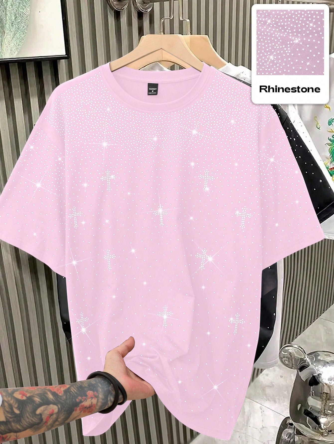 1pc Men's Casual Loose Fit Short Sleeve T-Shirt, Rhinestone Decor