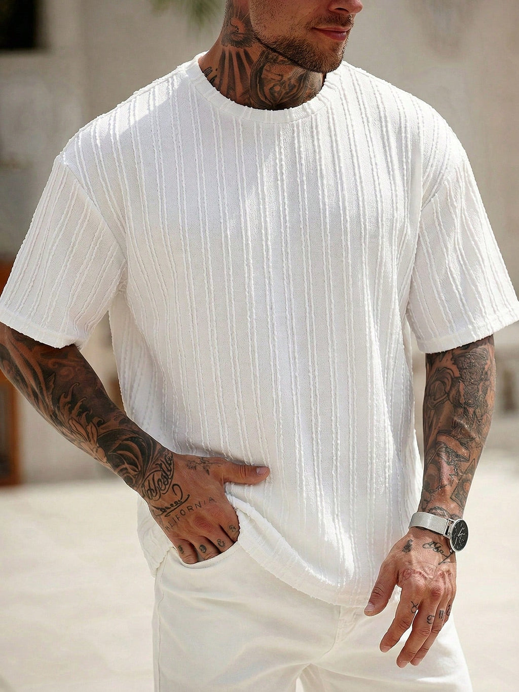 Men's Casual Colorblock Stripe Textured T-Shirt, Summer