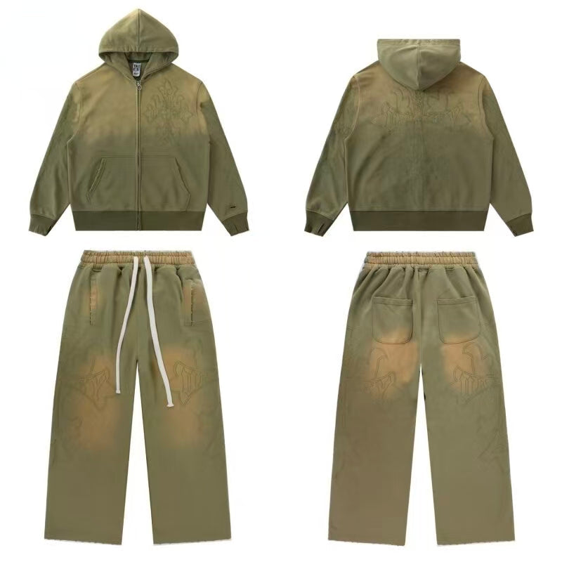 Vale Forever Vintage Gothic Cross Zip-Up Hoodie & Sweatpants Set - Olive Green