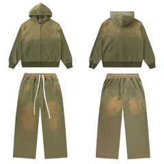 Vale Forever Vintage Gothic Cross Zip-Up Hoodie & Sweatpants Set - Olive Green