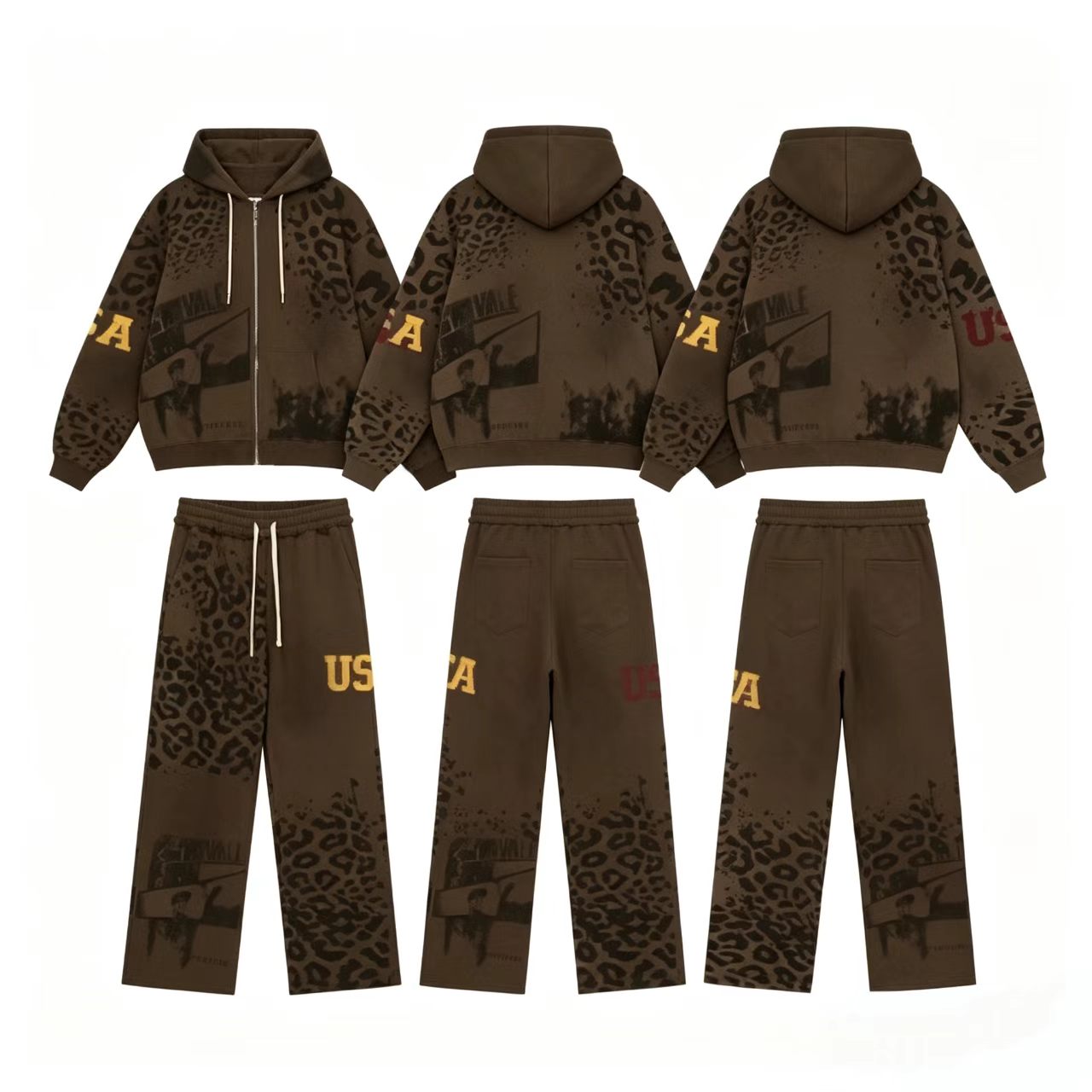 Vale Forever Vintage Leopard Print & "USA" Graphic Zip-Up Hoodie & Sweatpants Set - Brown