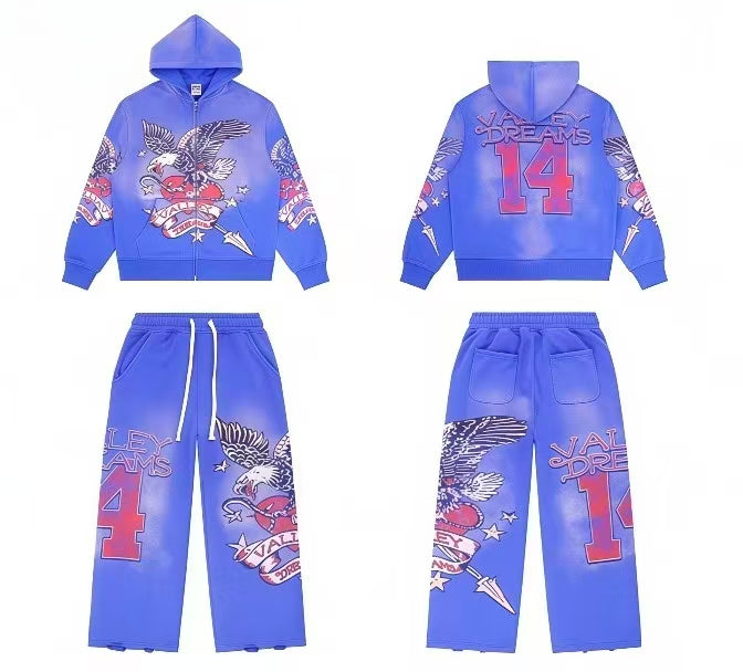 Vale Forever Vintage Eagle & Heart "14" Zip-Up Hoodie & Sweatpants Set - Blue