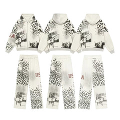 Vale Forever Vintage Leopard Print & "USA" Graphic Zip-Up Hoodie & Sweatpants Set - Grey