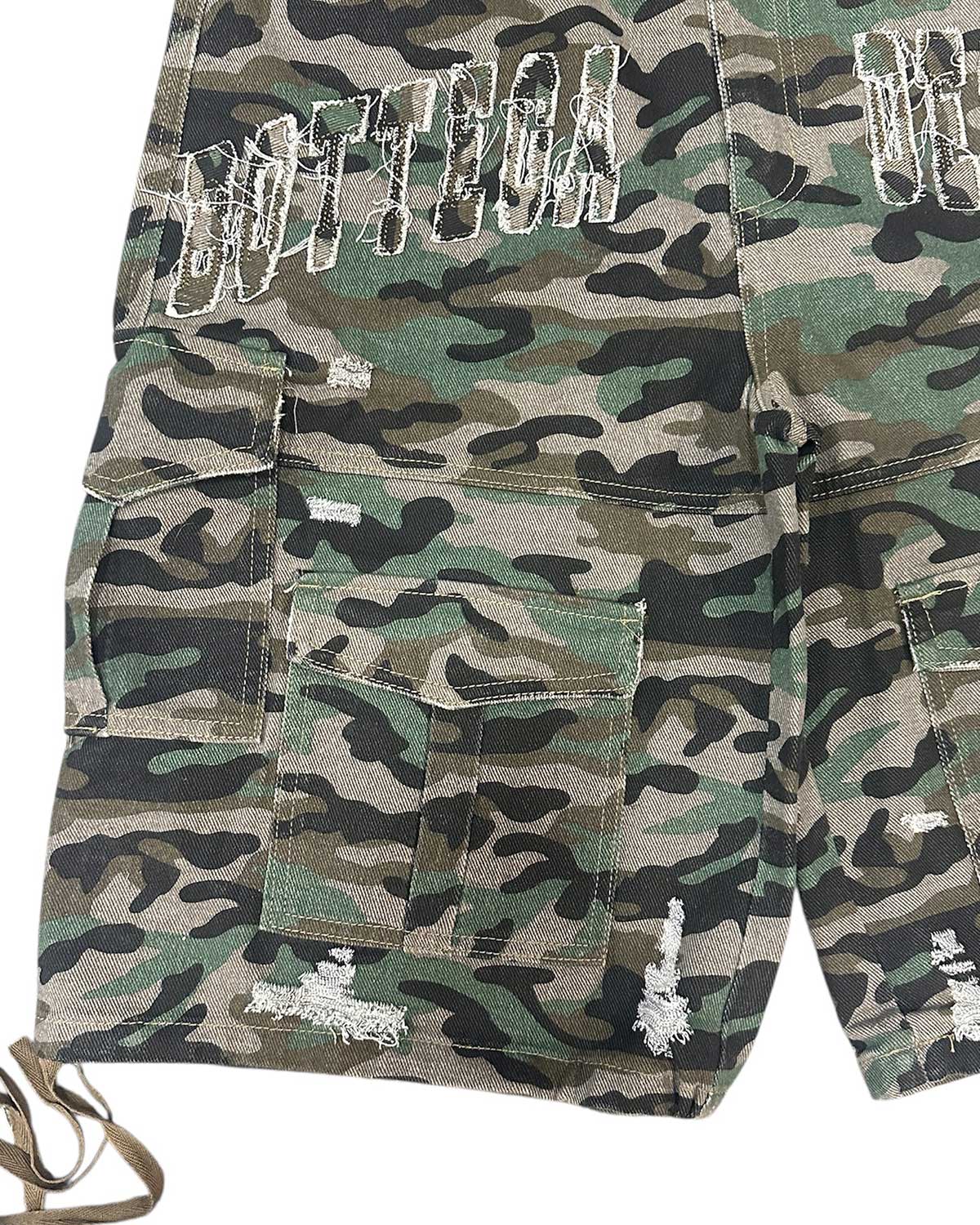 Bottega Desires Distressed Camo Cargo Shorts Green
