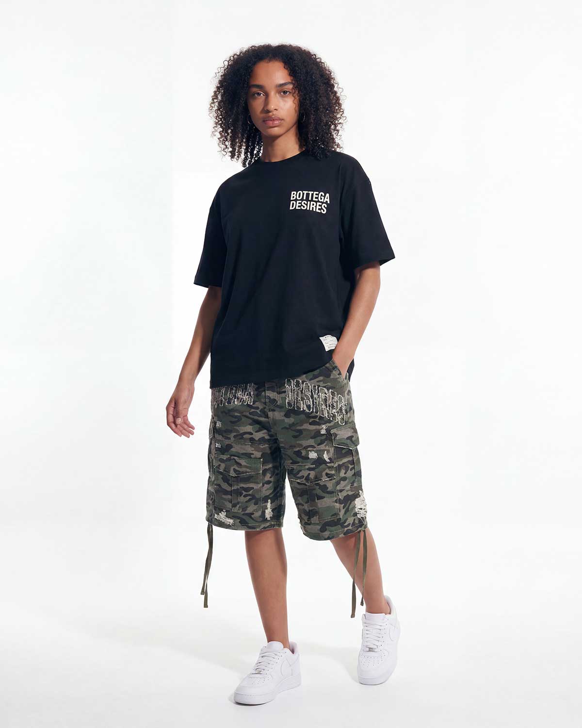 Bottega Desires Distressed Camo Cargo Shorts Green