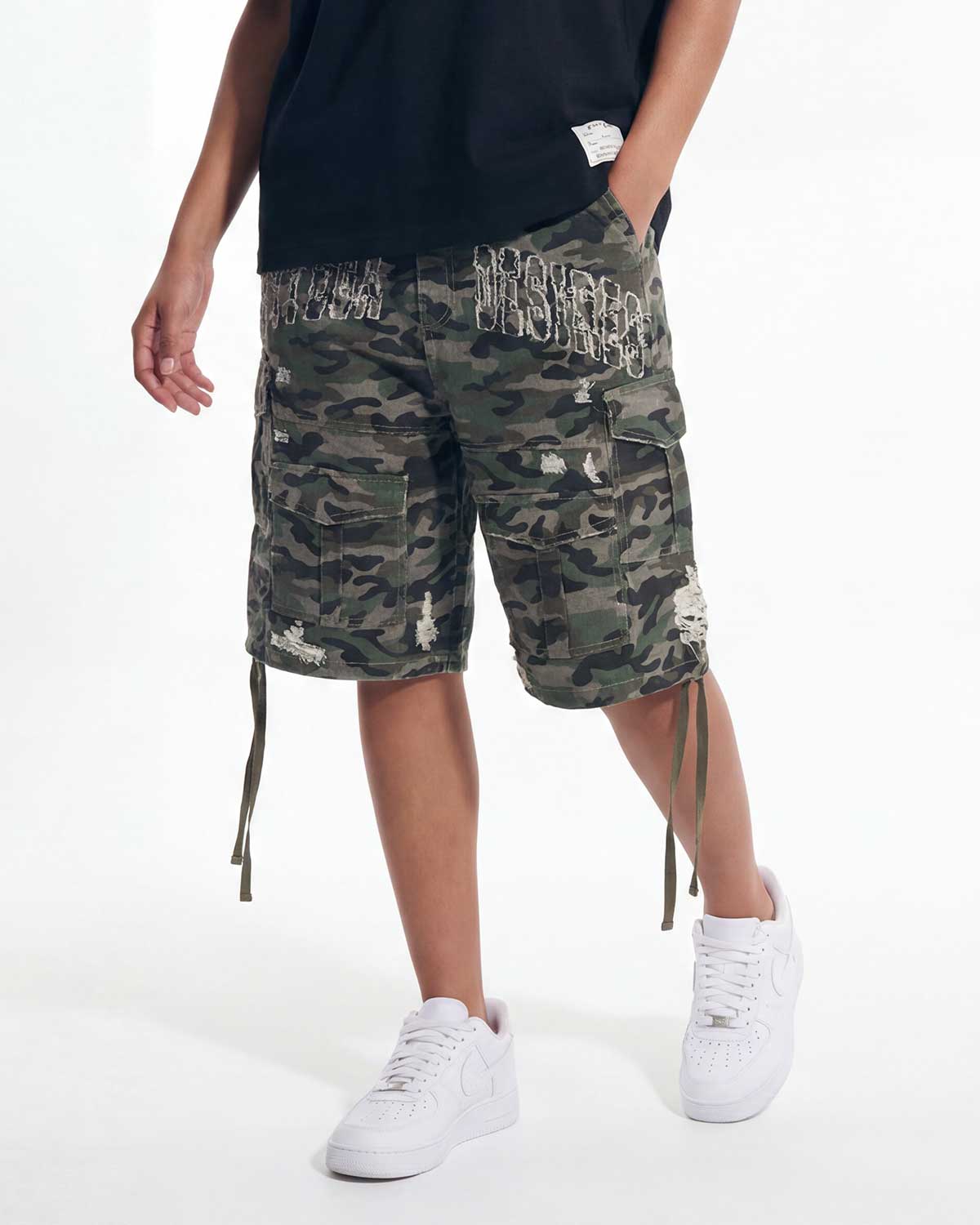Bottega Desires Distressed Camo Cargo Shorts Green