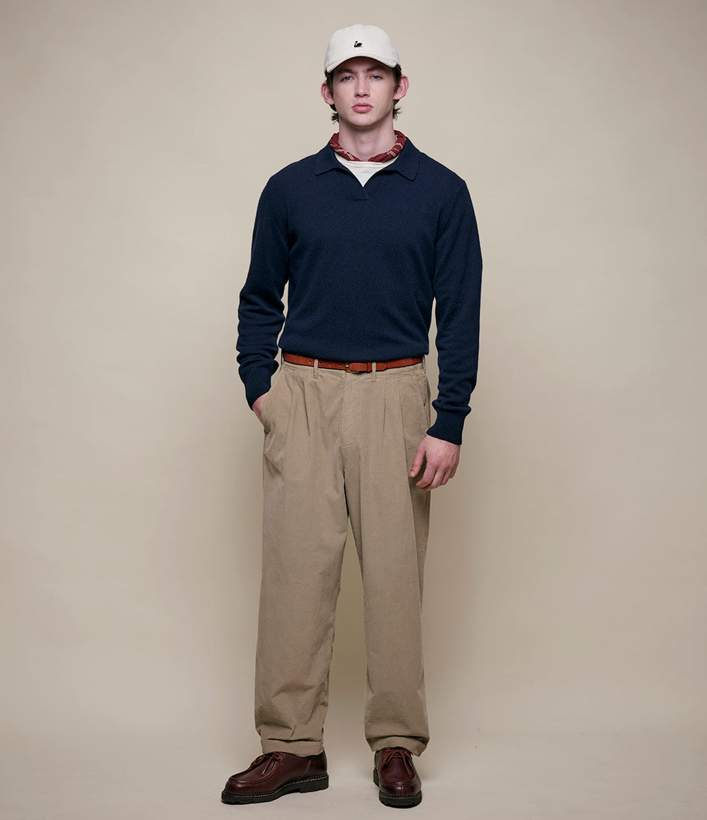 Merino Wool-Cashmere-Silk Long Sleeve Polo Shirt