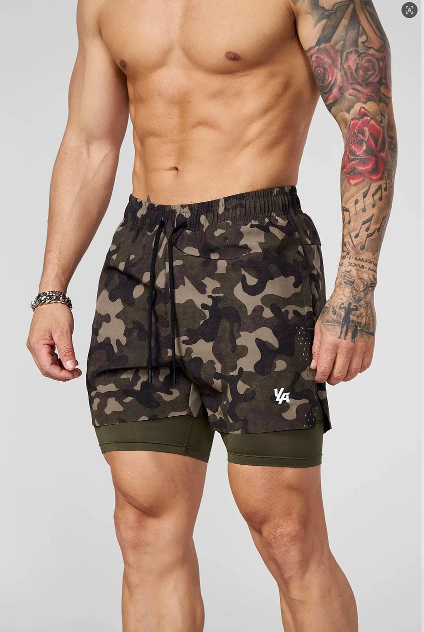 YOONGLA Men's Camouflage Sports Shorts 2-in-1 Double layer Quick drying Fitness Outdoor Training Stretch Pants