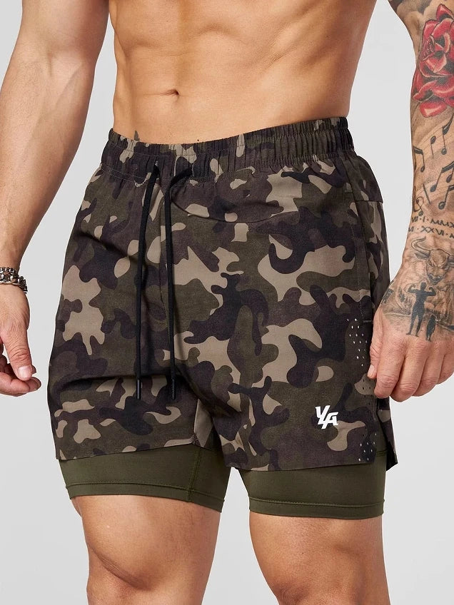 YOONGLA Men's Camouflage Sports Shorts 2-in-1 Double layer Quick drying Fitness Outdoor Training Stretch Pants