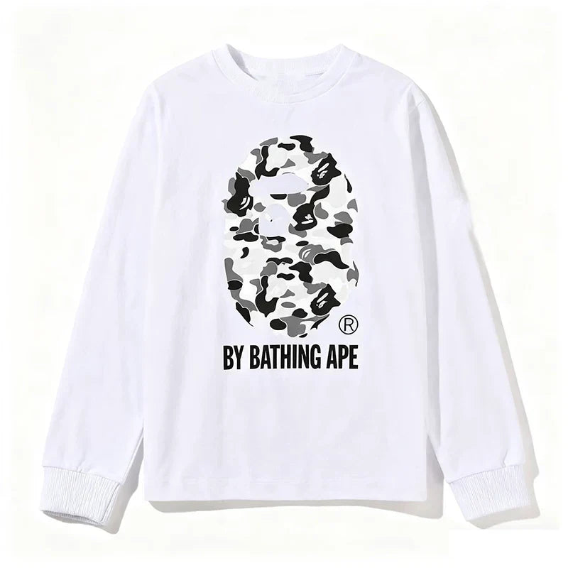 BAPE Style "BY BATHING APE" Camo Ape Head Long-Sleeve Tee - White/Monochrome Camo