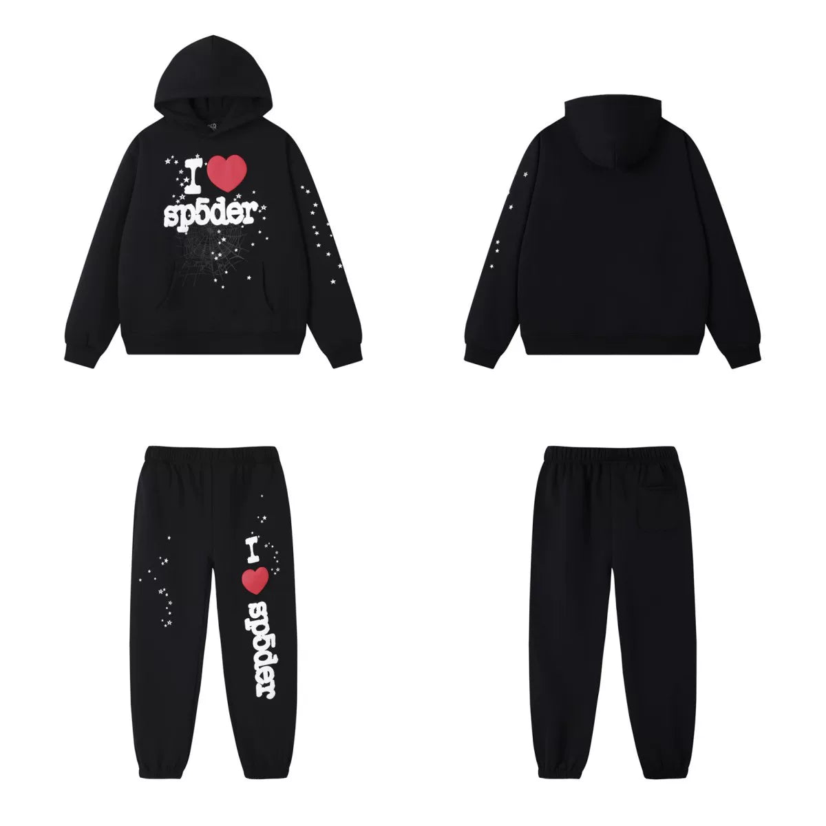 SP5DER Heart Web Graphic Pullover Hoodie and Sweatpants Matching Set - Black / Red