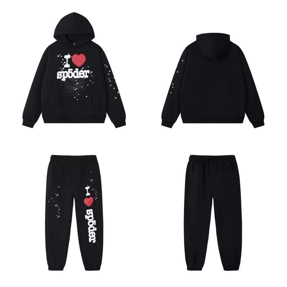 SP5DER Heart Web Graphic Pullover Hoodie and Sweatpants Matching Set - Black / Red