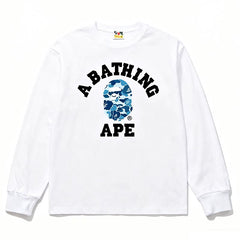 BAPE Style Collegiate Arc Logo & Camo Ape Head Long-Sleeve Tee - White/Blue