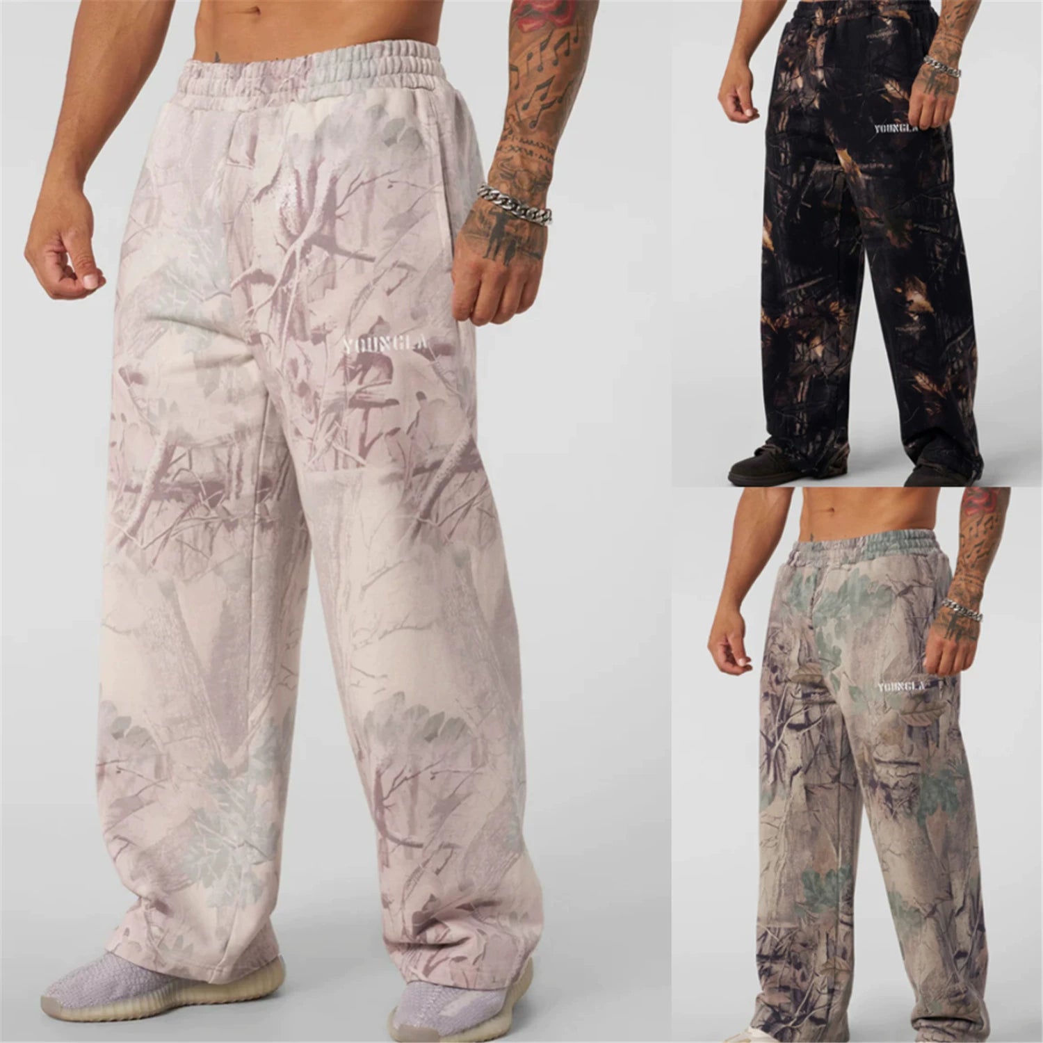 YONGLA sports pants men's fitness American fashion brand loose, breathable, elastic wide leg straight tube 3D digital camouflage