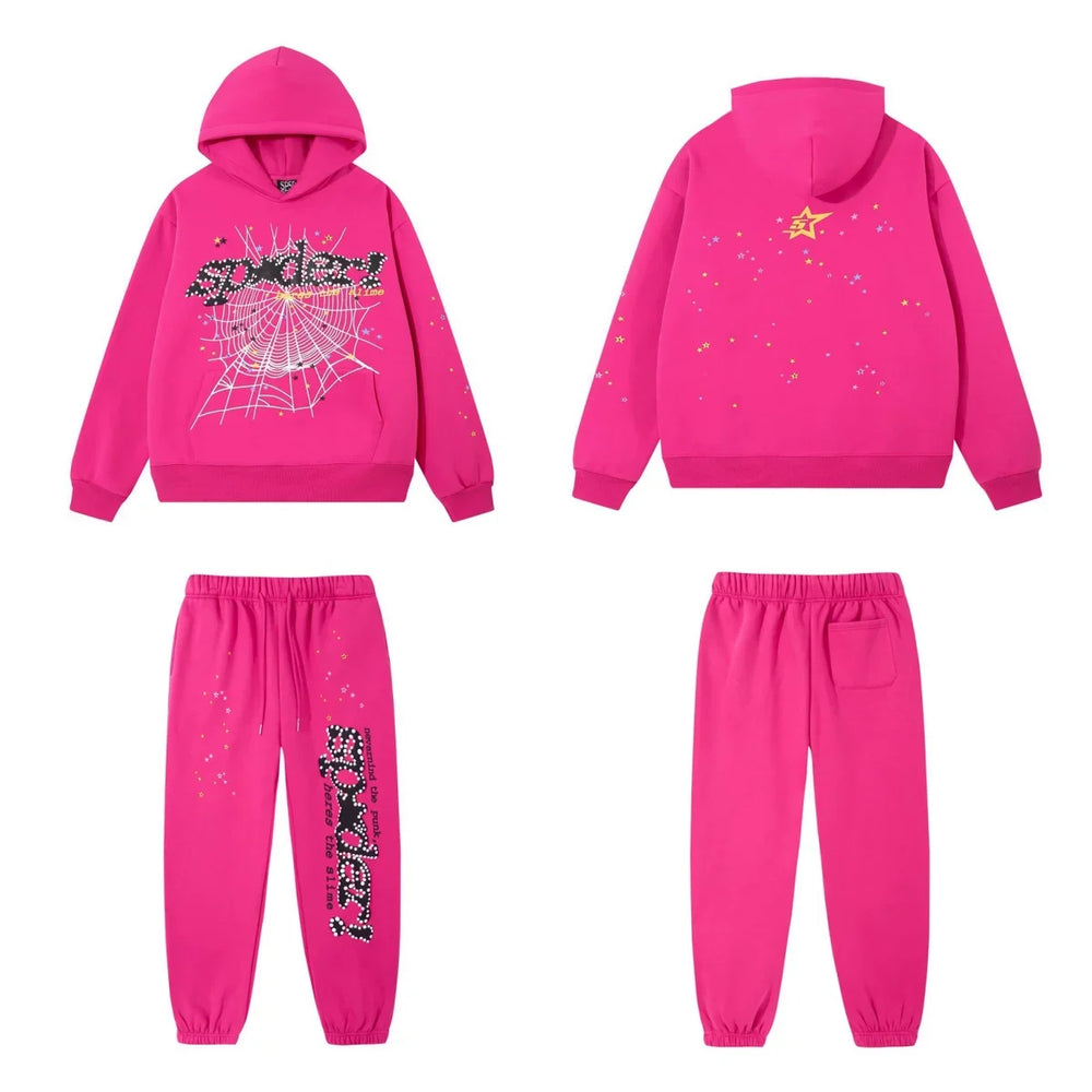 SP5DER Web Graphic Pullover Hoodie and Sweatpants Matching Set - Pink