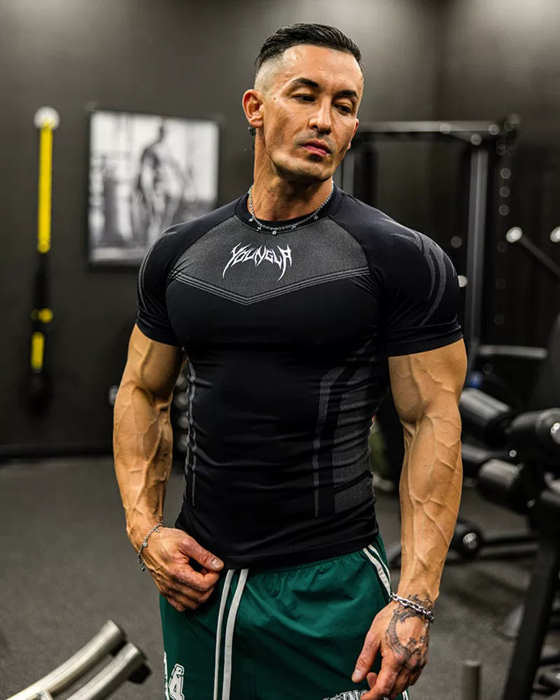 YOUNG LA Sports Short sleeved Men's T-shirt American Trendy Brand Cuffles Round Neck Quick drying Elastic Squat Fitness Muscle