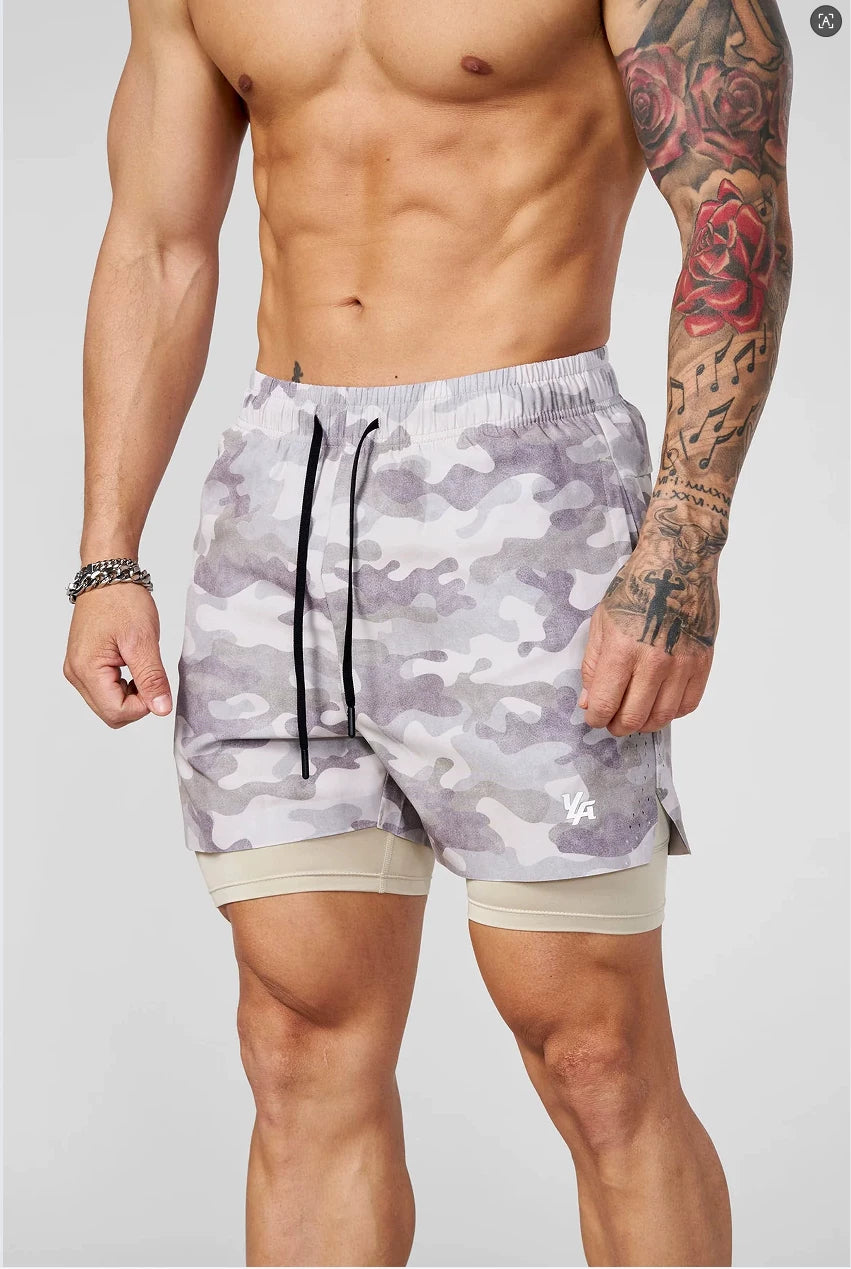 YOONGLA Men's Camouflage Sports Shorts 2-in-1 Double layer Quick drying Fitness Outdoor Training Stretch Pants