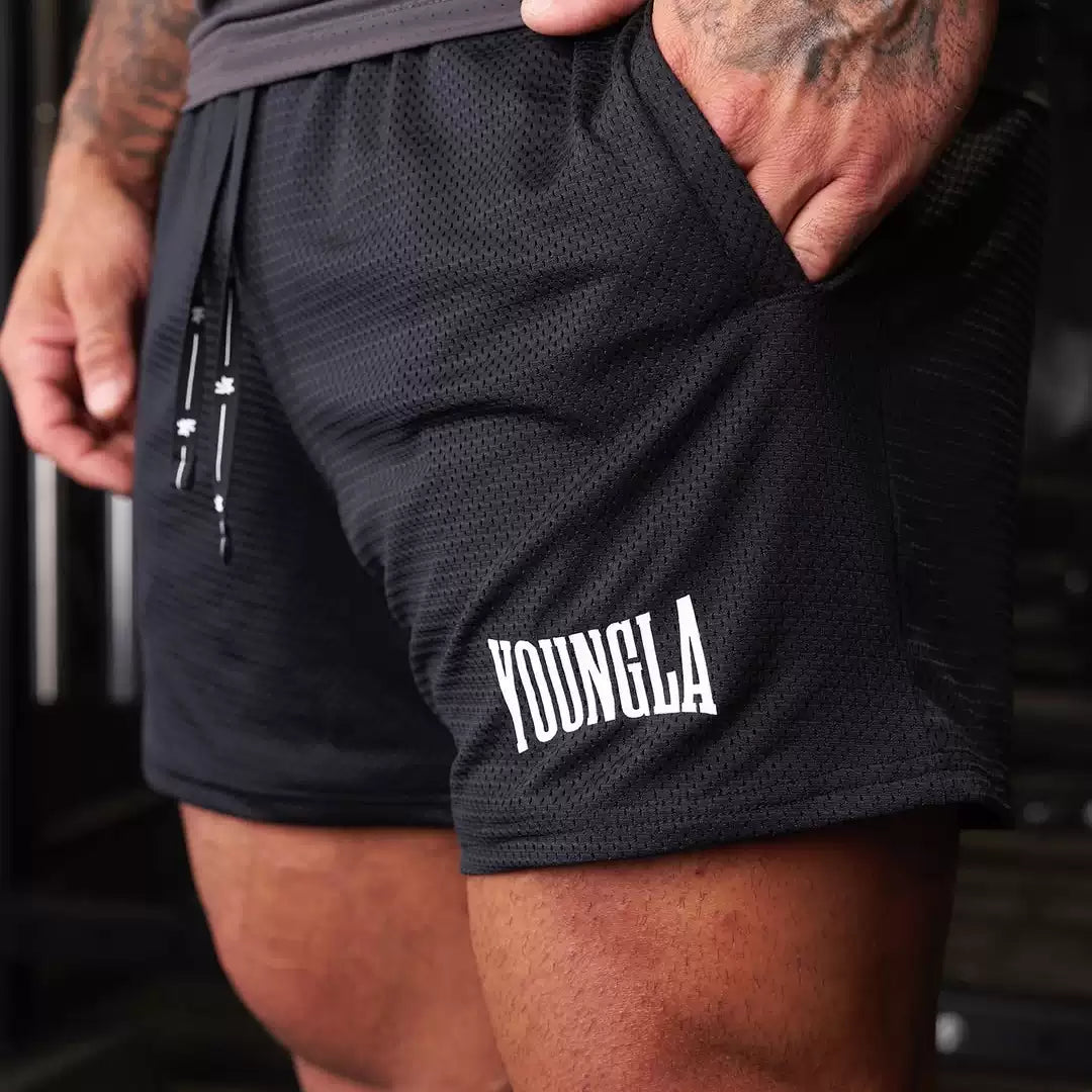 YOUNG LA Muscle Fitness Running Breathable Shorts Casual Mesh Letter Printed Basketball Training Pants