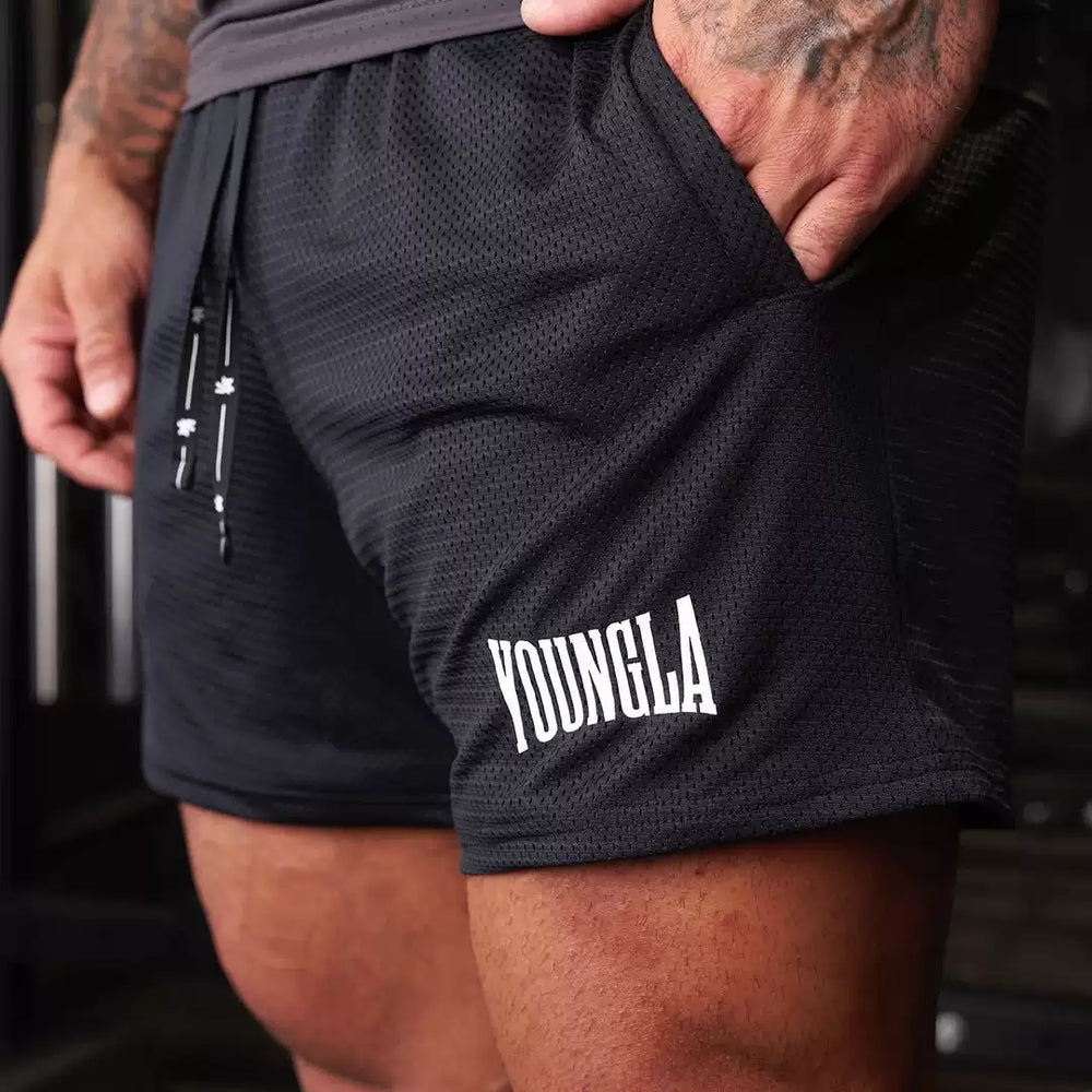 YOUNG LA Muscle Fitness Running Breathable Shorts Casual Mesh Letter Printed Basketball Training Pants
