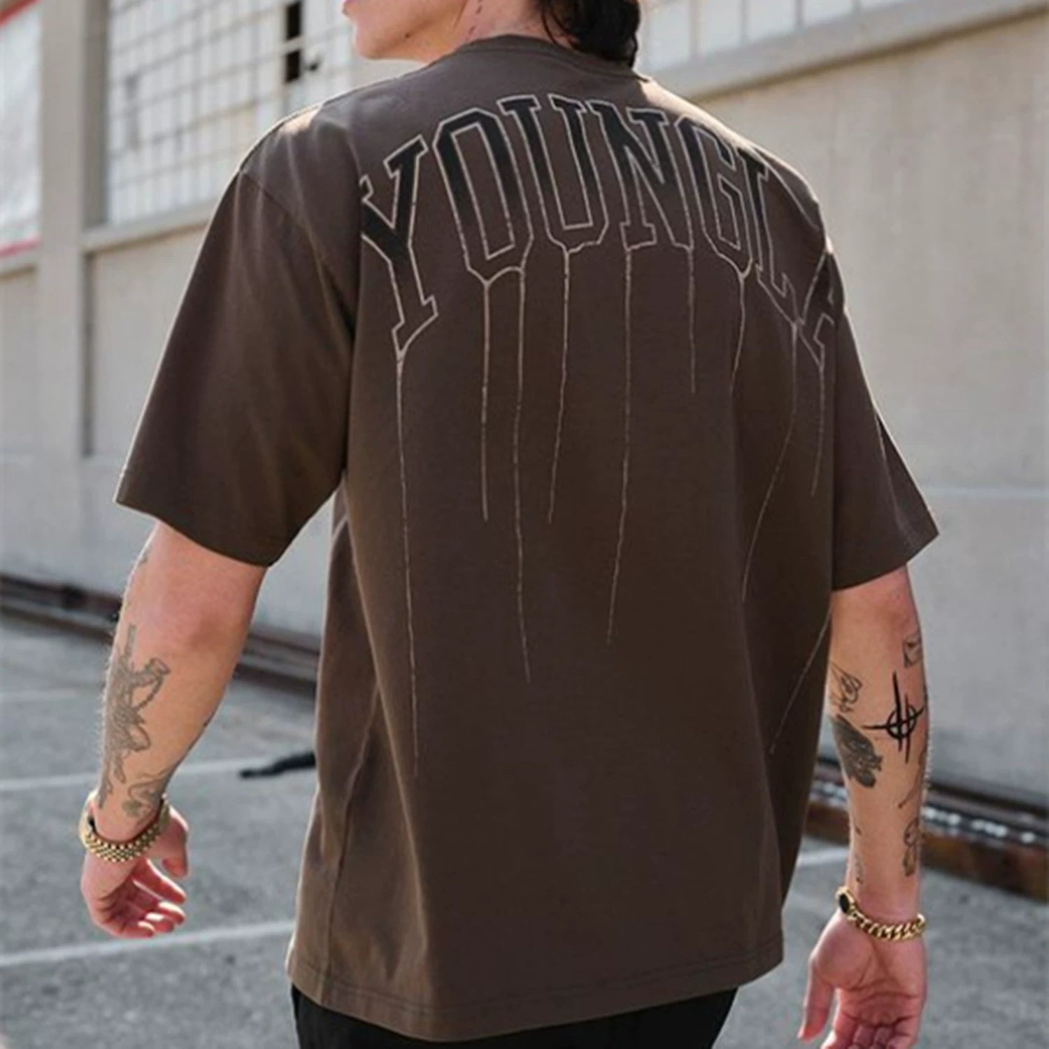 YOUNG LA Sports Short sleeved Men's T-shirt American Trendy Brand 240g Heavy duty Cotton Loose Training Muscle, Iron Dog