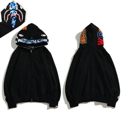 BAPE Style Solid Black Shark Full-Zip Hoodie - Blue Camo Interior