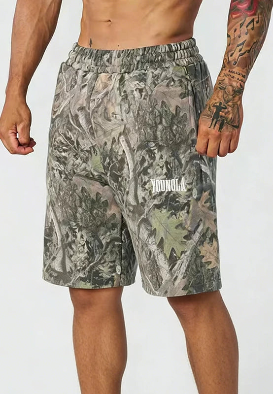 YONGLA sports shorts men's summer fitness running loose five quarter pants black camouflage printed pants