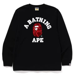 BAPE Style Collegiate Arc Logo & Camo Ape Head Long-Sleeve Tee - Black/Purple