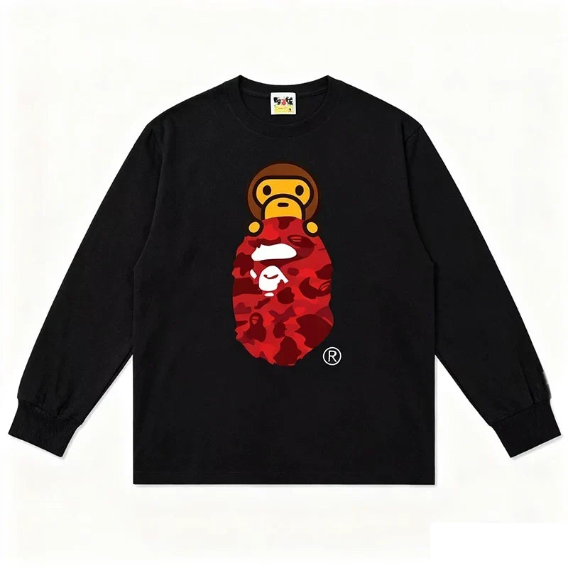BAPE Style Baby Milo Peeking on Camo Ape Head Long-Sleeve Tee - Black/Red