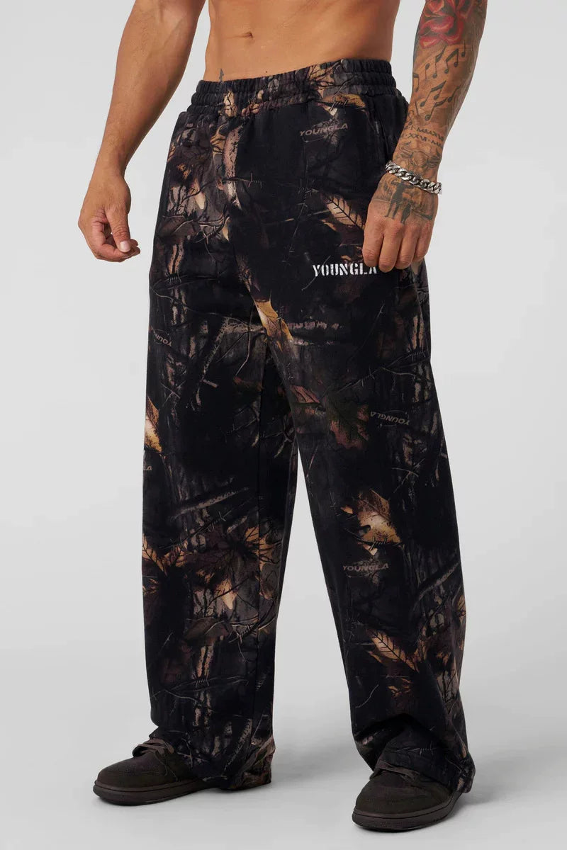 YONGLA sports pants men's fitness American fashion brand loose, breathable, elastic wide leg straight tube 3D digital camouflage