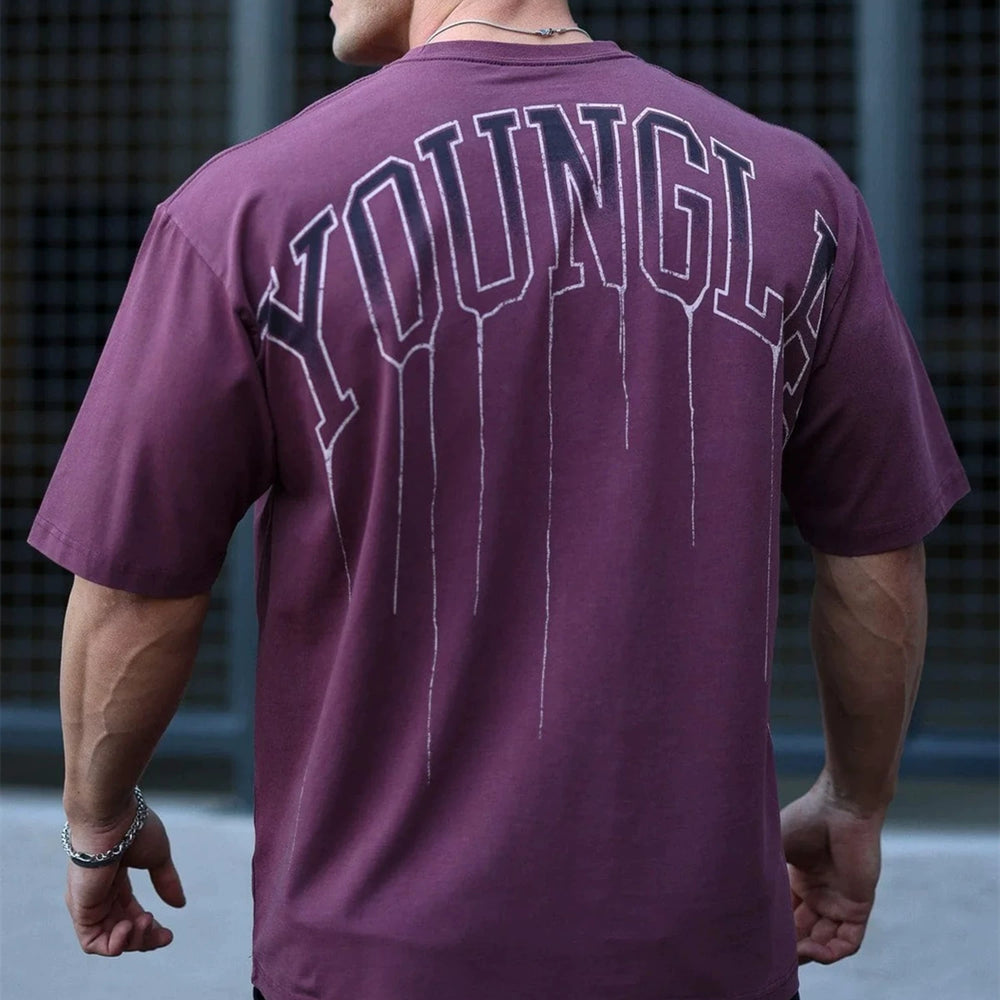 YOUNG LA Sports Short sleeved Men's T-shirt American Trendy Brand 240g Heavy duty Cotton Loose Training Muscle, Iron Dog