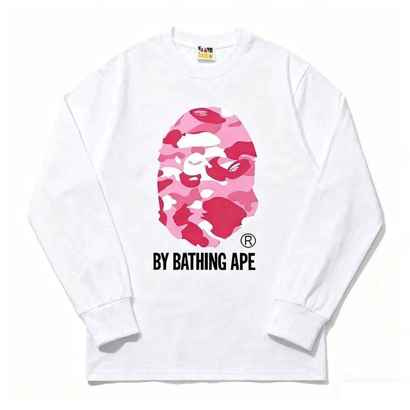 BAPE Style "BY BATHING APE" Camo Ape Head Long-Sleeve Tee - White/Pink