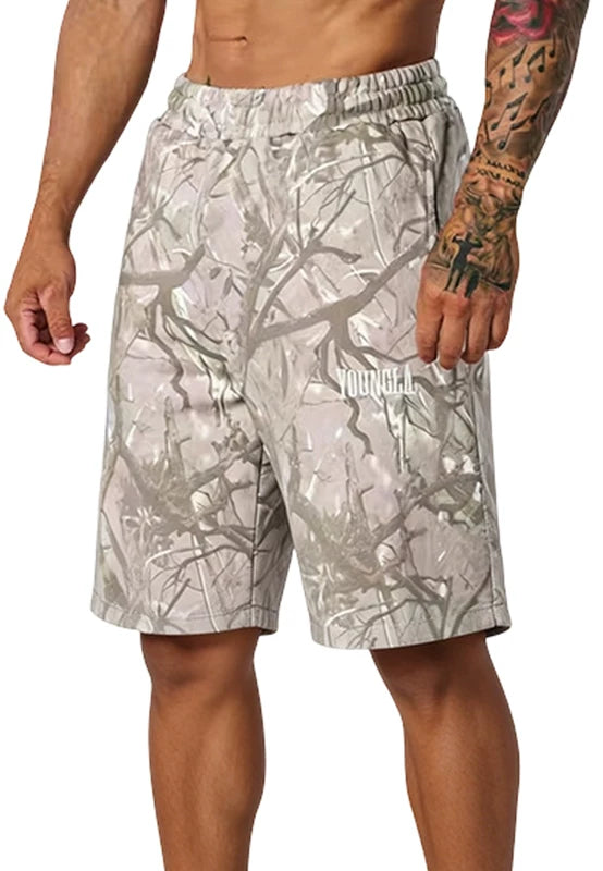 YONGLA sports shorts men's summer fitness running loose five quarter pants black camouflage printed pants