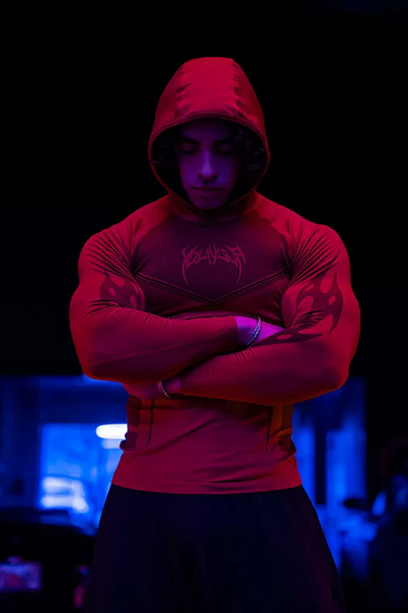 YONGLA sports long sleeved men's hooded fitness suit, muscle massage, iron dog, American trendy brand training, quick drying, elastic