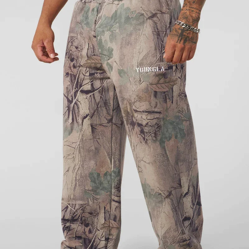 YONGLA sports pants men's fitness American fashion brand loose, breathable, elastic wide leg straight tube 3D digital camouflage