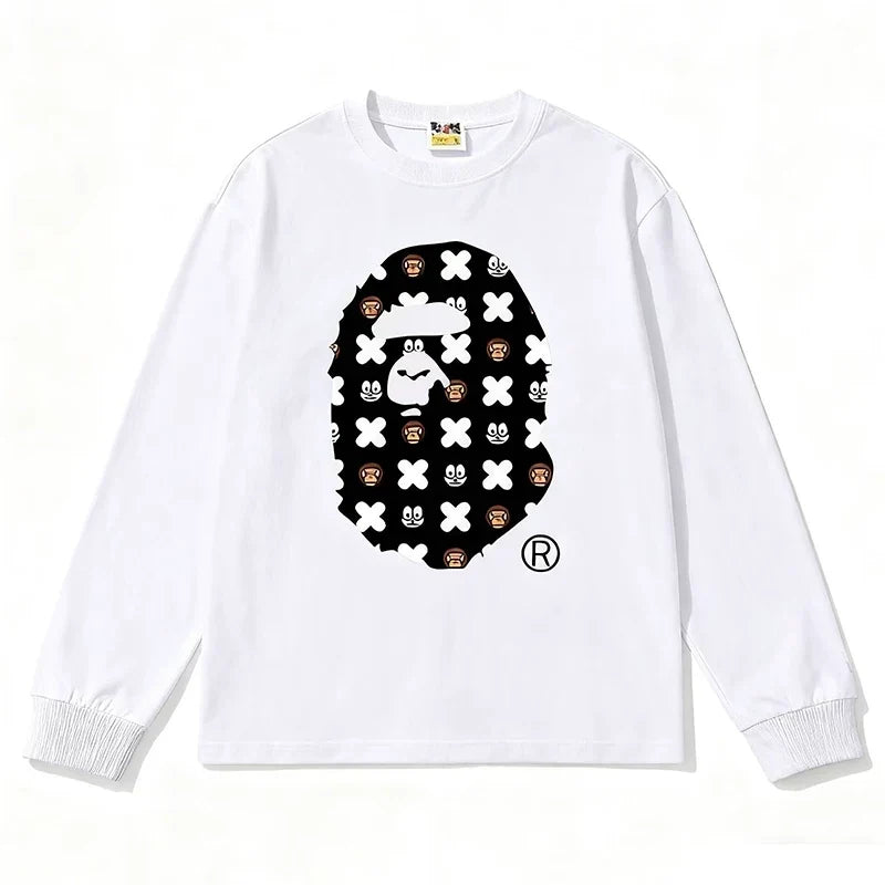 BAPE Style All-Over Cartoon Print Ape Head Long-Sleeve Tee - White