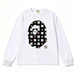 BAPE Style All-Over Cartoon Print Ape Head Long-Sleeve Tee - White