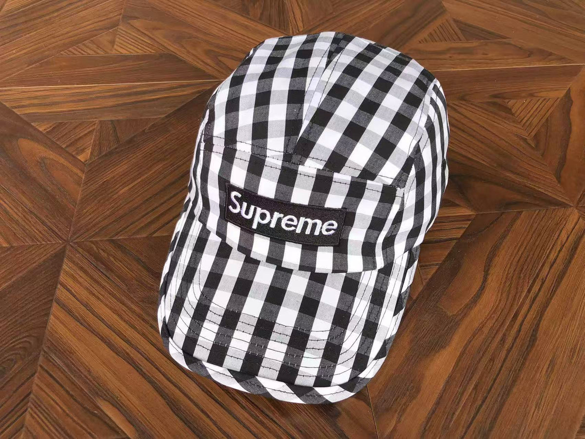 Supreme Black and White Gingham 5-Panel Box Logo Camp Cap