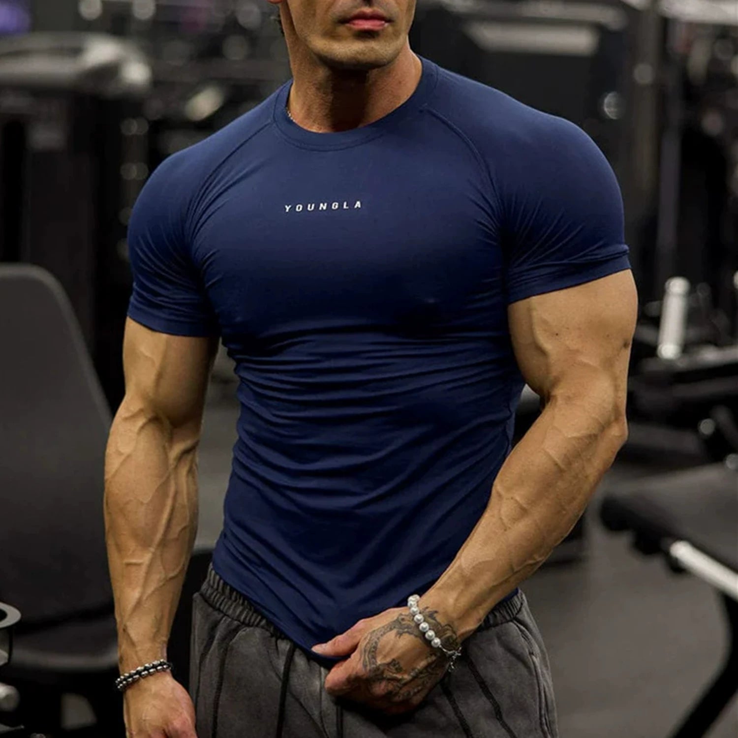 YOUNG LA sports short sleeved men's T-shirt, quick drying, breathable, elastic, American style trendy brand fitness muscle, runner round neck
